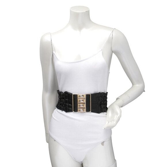 Vegan Faux Leather Wide Cinch Belt Ruffled Black Stretch Waist Band Gold Buckle - Picture 3 of 11